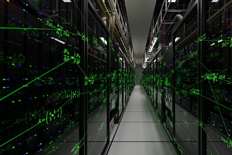 Aufnahme eines Supercomputers mit mathematischen Visualisierungen