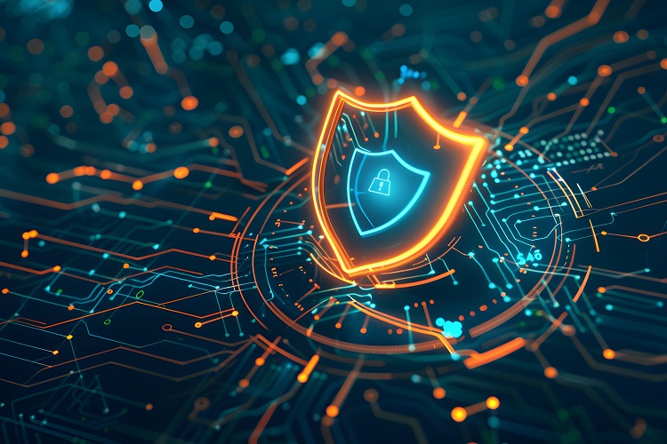 Cybersecurity-Schild: Ein digitales Schild leuchtet in leuchtenden Blau- und Orangetönen und symbolisiert robusten Schutz in einem komplexen Netzwerk von Schaltkreisen.