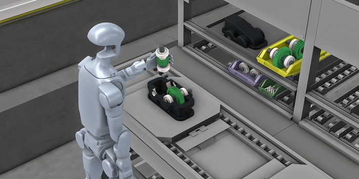 Roboter vor Arbeitsstation mit Zahnrädern 