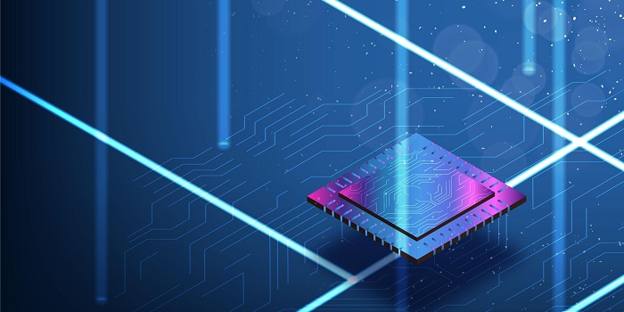 Ein Computerchip mit vielen Farben auf einem bunten Hintergrund 