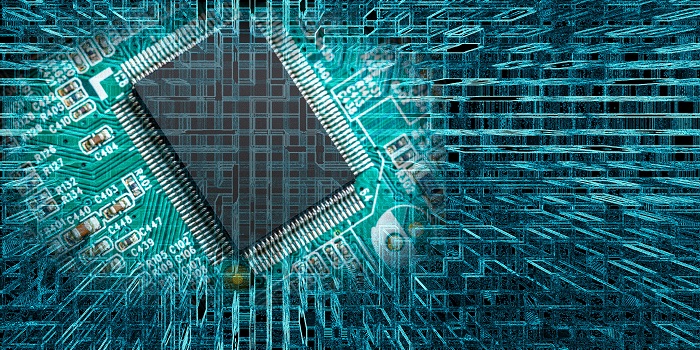 computer chip umgeben von strahlen und streifen