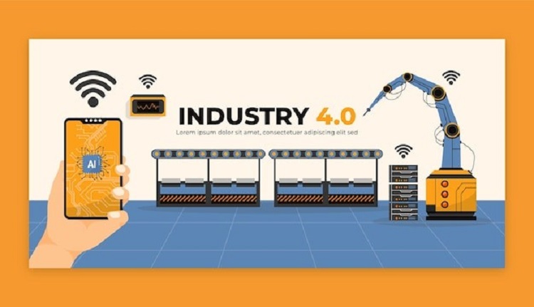 industry 4.0 Banner mit verschiedenen Motiven, wie Robotik und AI