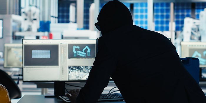 Maskierter Mann an einem PC