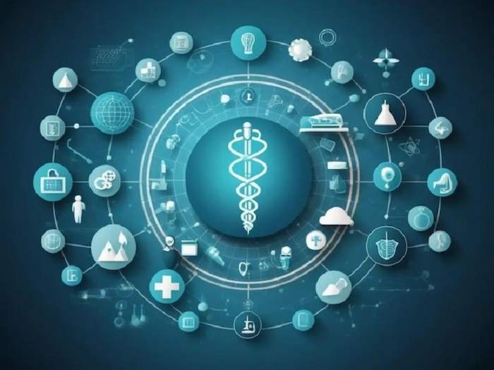 medizinischer-wissenschaftlicher Hintergrund im Gesundheitswesen mit Ikonen und Symbolen